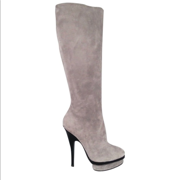 Yves Saint Laurent Platform Grey Suede Knee Boots - Picture 2 of 16
